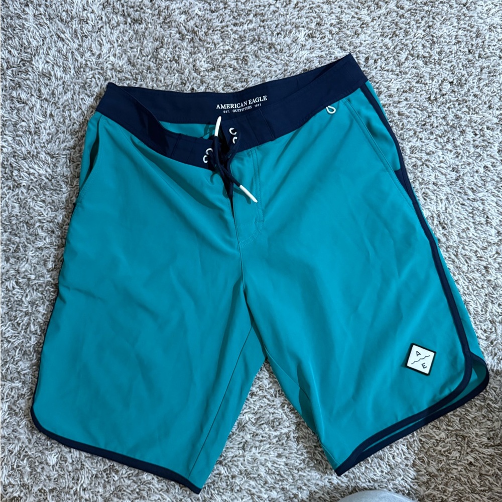 American Eagle Outfitters Men's Teal and Navy Swim Shorts